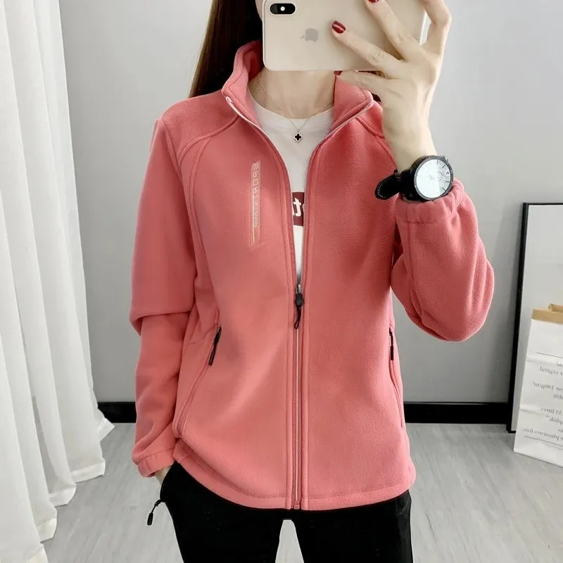 5XL Sky Blue Fleece-Lined Slim Women Jacket with Embroidery