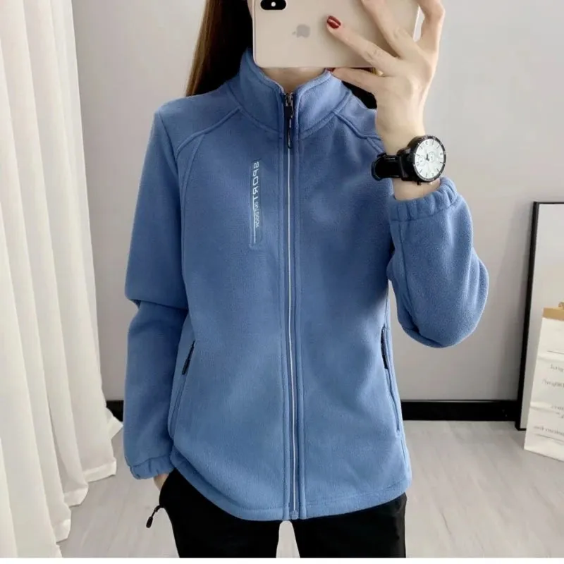 5XL Sky Blue Fleece-Lined Slim Women Jacket with Embroidery