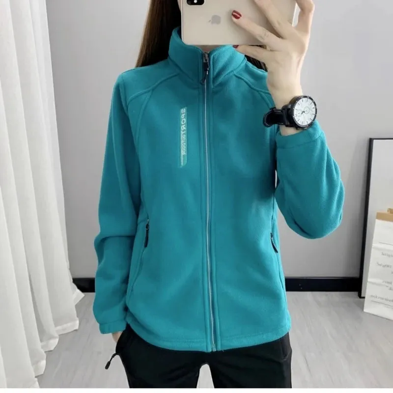 5XL Sky Blue Fleece-Lined Slim Women Jacket with Embroidery
