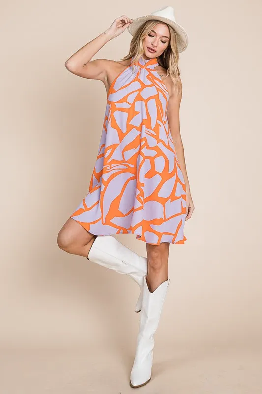 Abstract Print Halter Sundress in Lavender