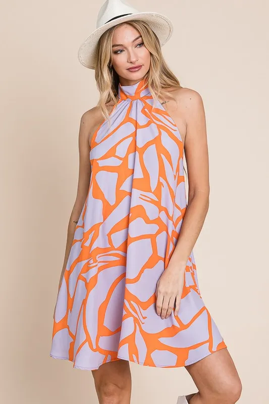 Abstract Print Halter Sundress in Lavender