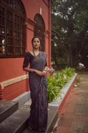 Ajrakh Indigo Saree