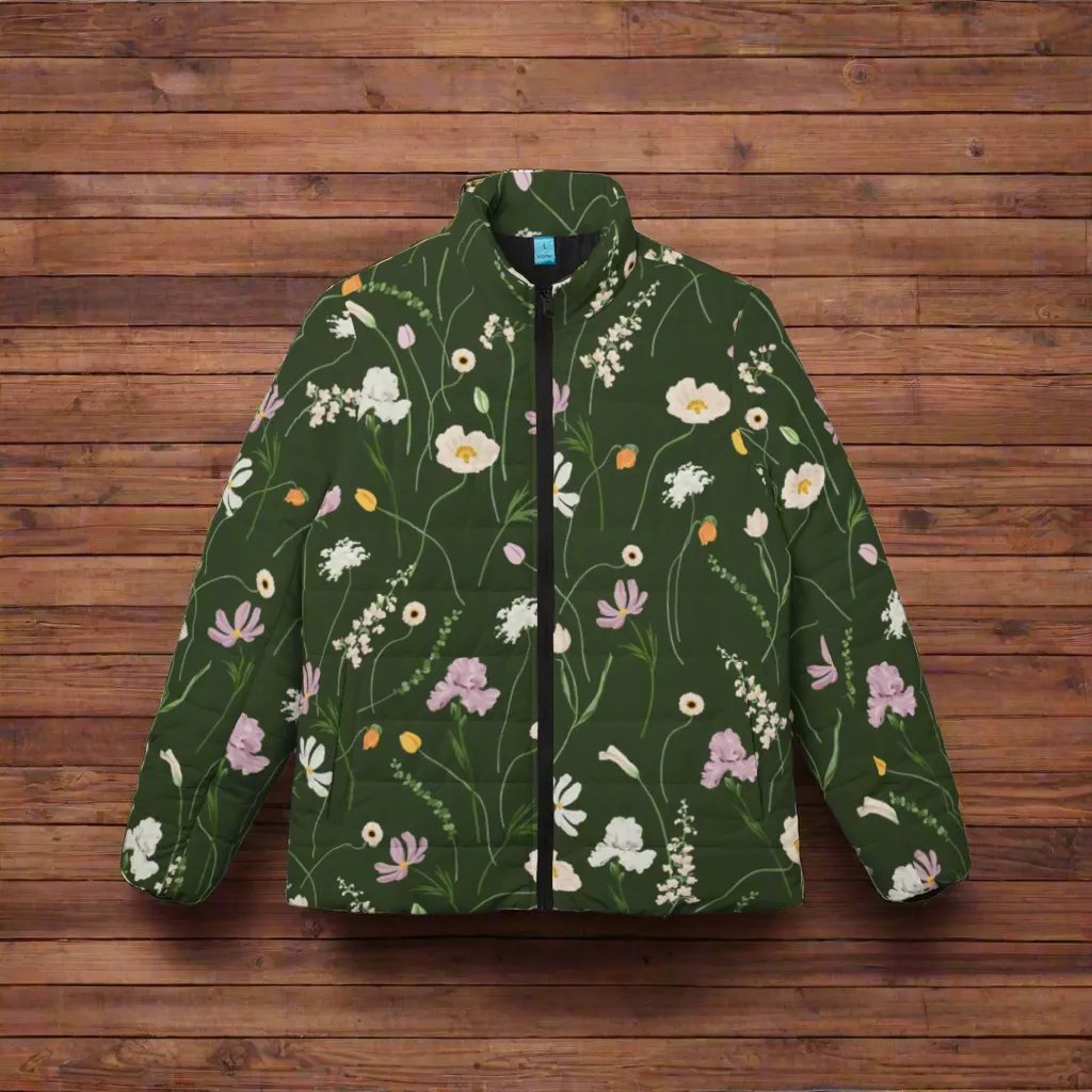Army Green Flowers Puffer Jacket
