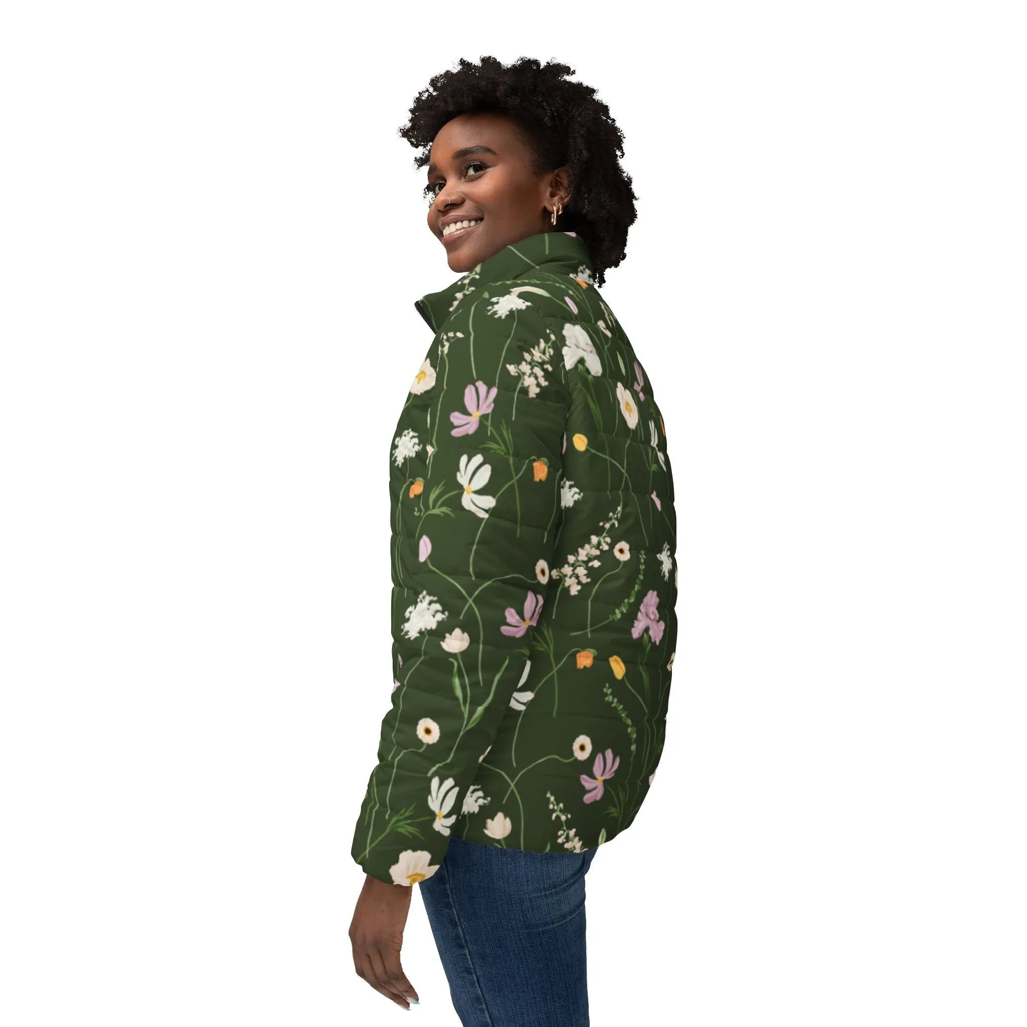 Army Green Flowers Puffer Jacket