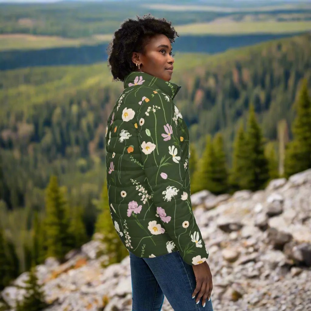 Army Green Flowers Puffer Jacket