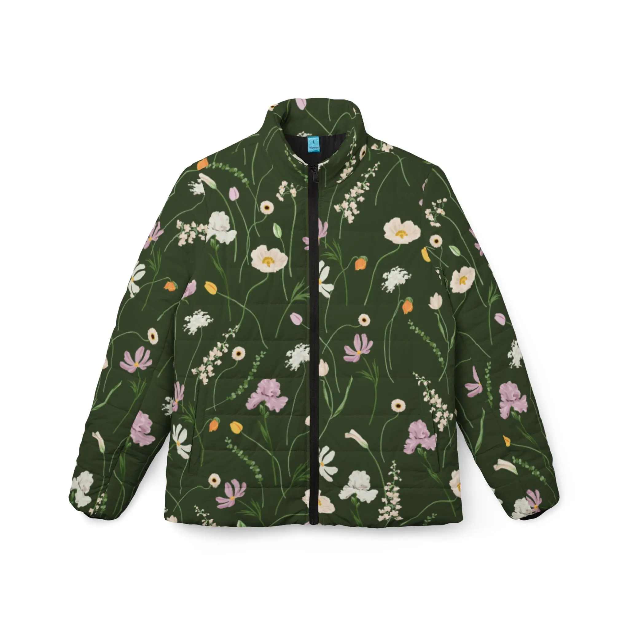 Army Green Flowers Puffer Jacket