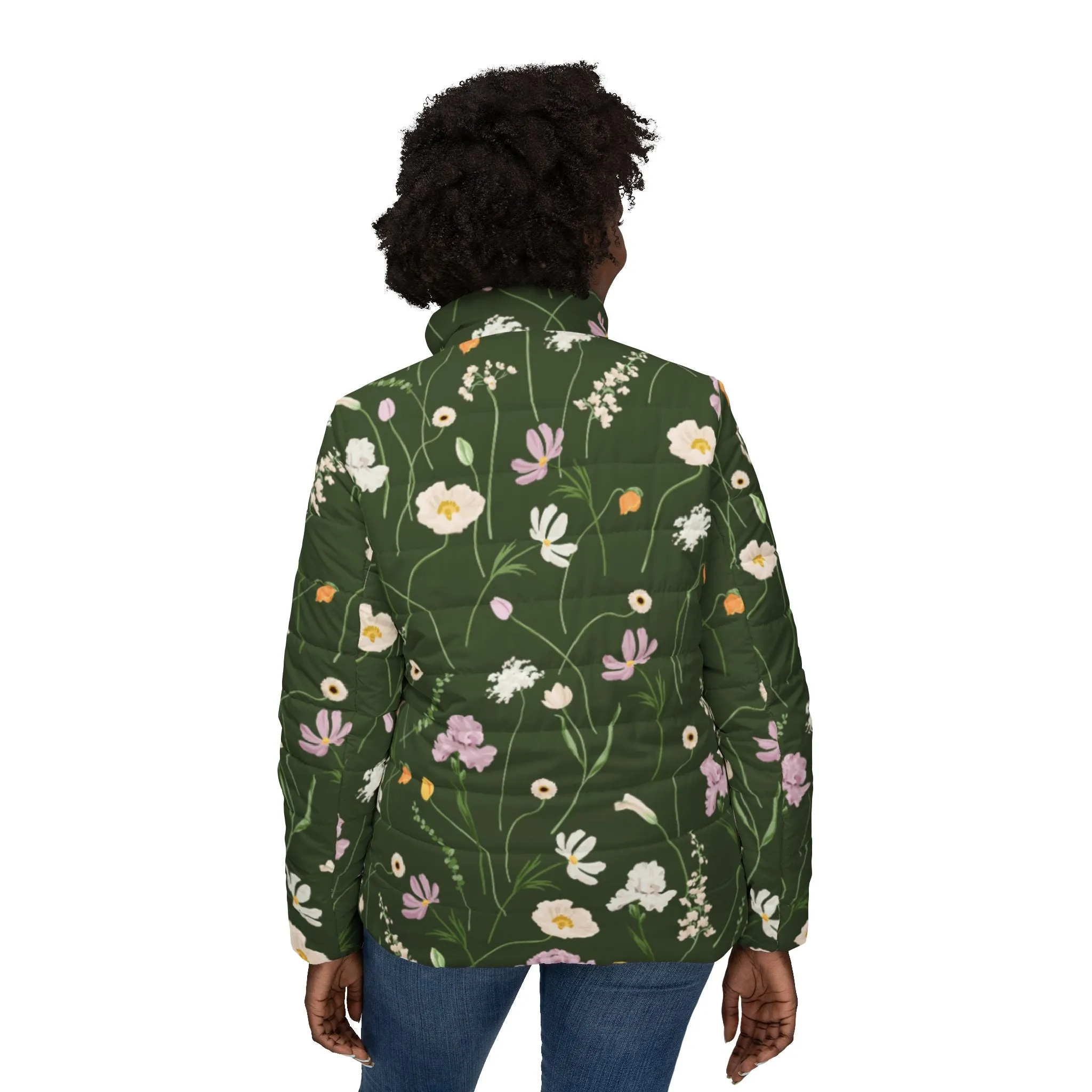 Army Green Flowers Puffer Jacket