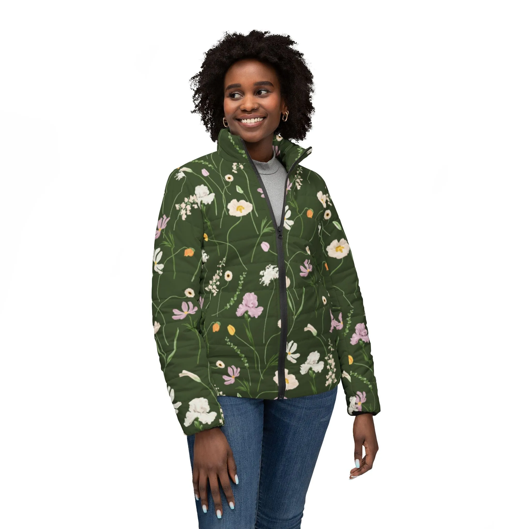 Army Green Flowers Puffer Jacket