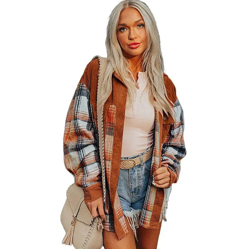 Autumn and Winter New Corduroy Patchwork Shirt Coat for Women - Cozy and Stylish