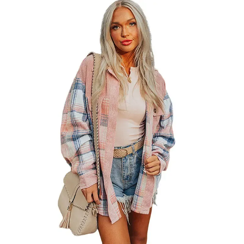 Autumn and Winter New Corduroy Patchwork Shirt Coat for Women - Cozy and Stylish