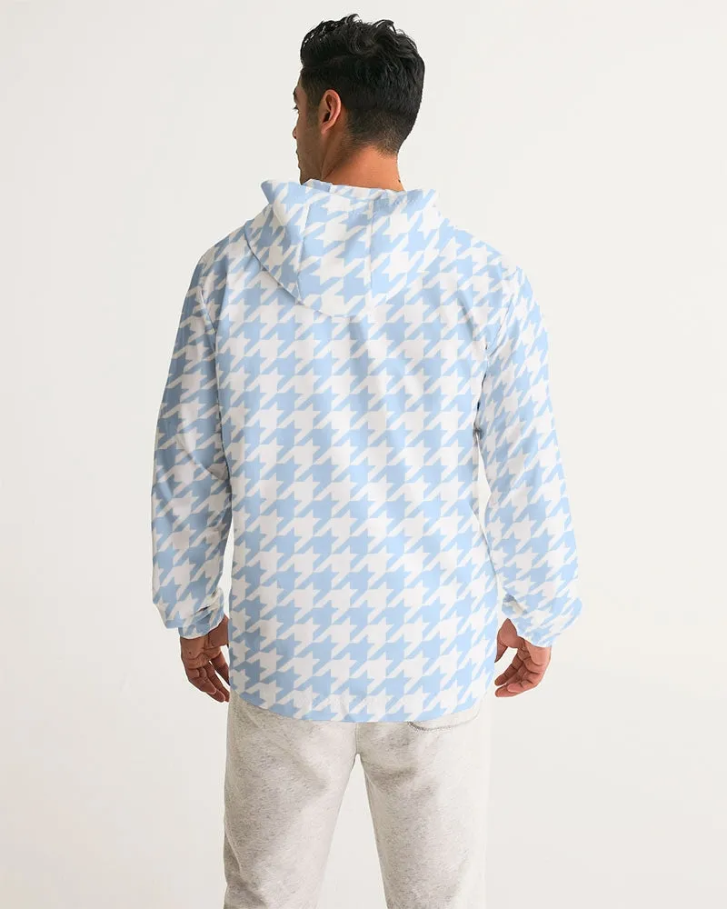 Baby Blue Large Houndstooth Men's Hooded Windbreaker Jacket