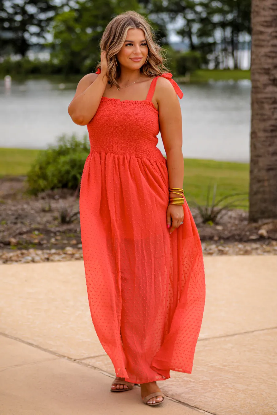 Barcelona Swiss Dot Maxi Dress - Coral