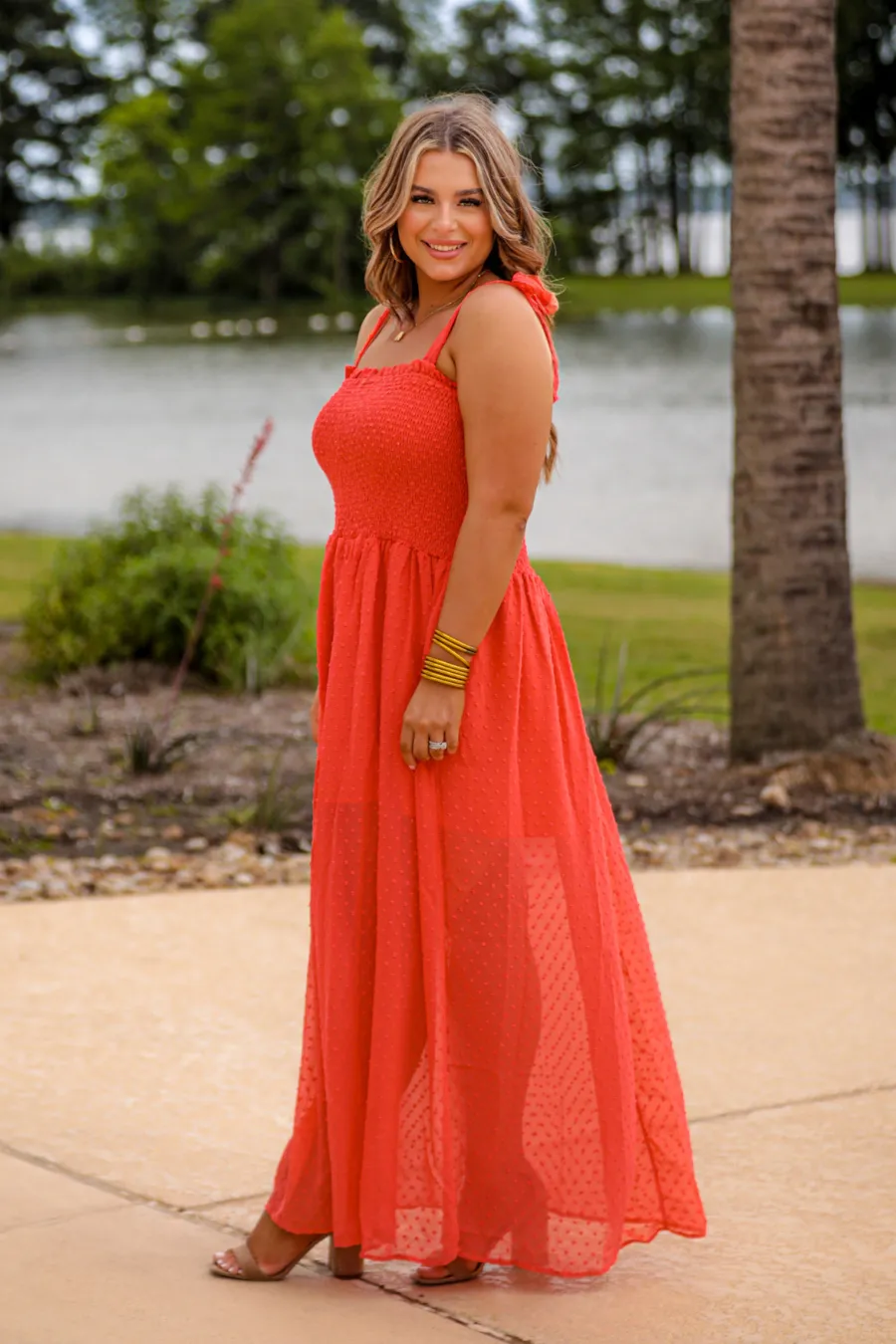 Barcelona Swiss Dot Maxi Dress - Coral