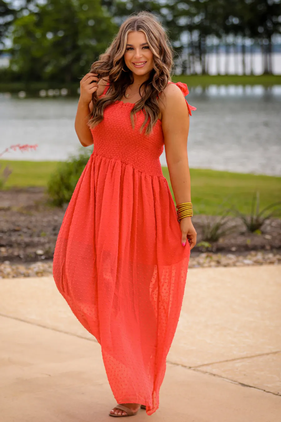 Barcelona Swiss Dot Maxi Dress - Coral