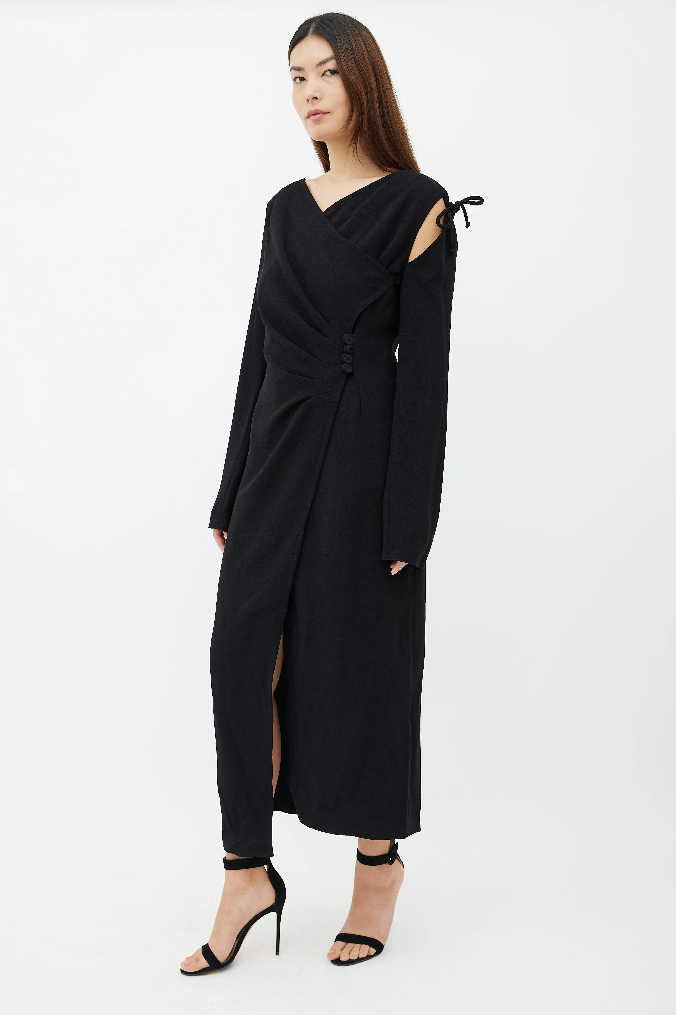 Black Crepe Asymmetrical Wrap Dress