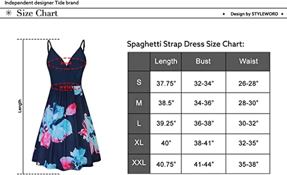 Black Orange Floral V Neck Floral Spaghetti Strap Summer Dress Casual Swing Midi Sundress with Pocket - STYLEWORD