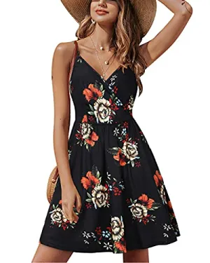 Black Orange Floral V Neck Floral Spaghetti Strap Summer Dress Casual Swing Midi Sundress with Pocket - STYLEWORD
