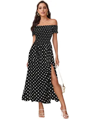 Black White Dots Women's Boho Floral Print Off Shoulder Split Long A Line Dress - Floerns