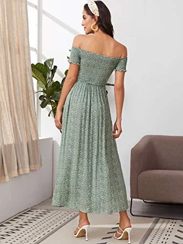 Black White Dots Women's Boho Floral Print Off Shoulder Split Long A Line Dress - Floerns