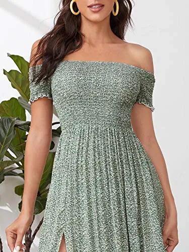 Black White Dots Women's Boho Floral Print Off Shoulder Split Long A Line Dress - Floerns