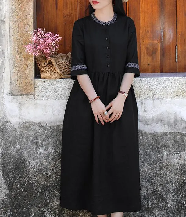 Black Women Dresses Ramie Casual Spring Linen Women Dresses Half Sleeve SSM97215