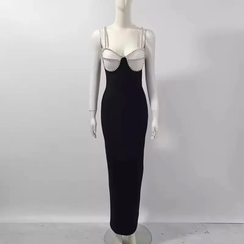Blondie Black Sexy Crystal Edge Sleeveless Maxi Dress