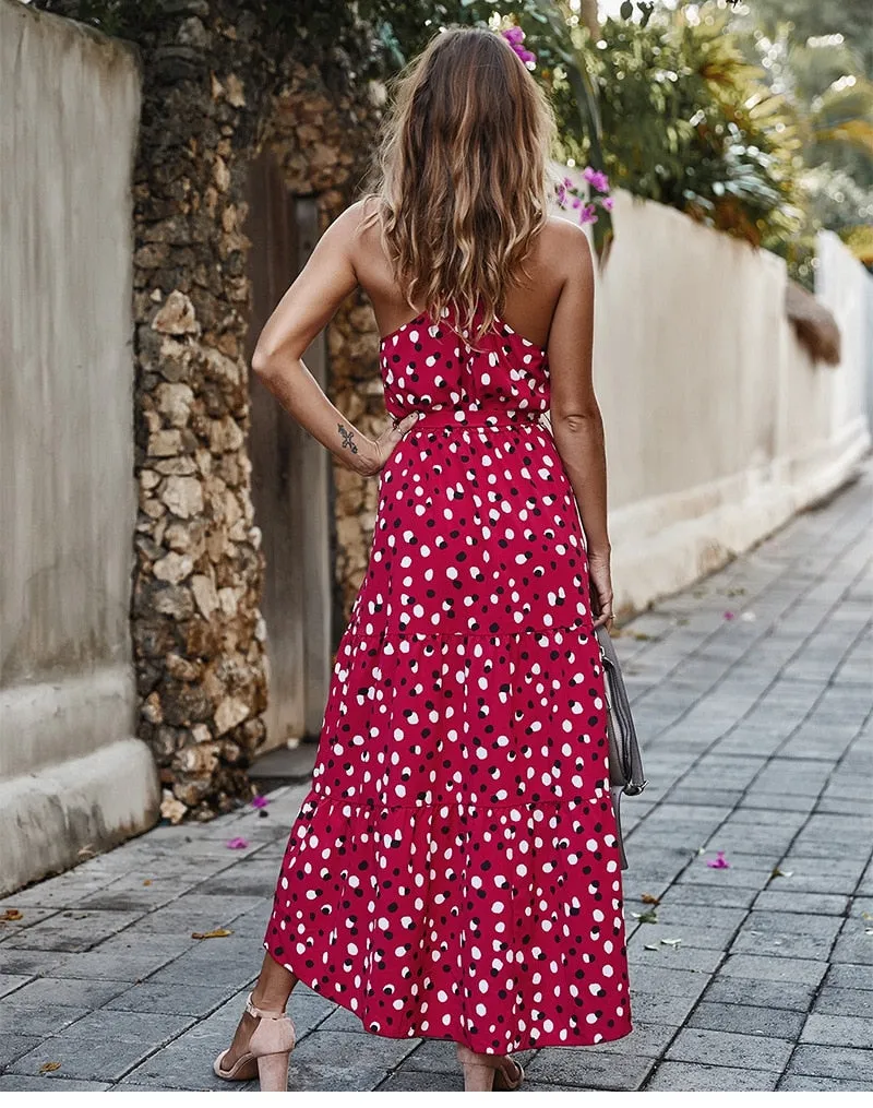 Boho Midi Dress, Strappy Sundress, Polka Dot in Red