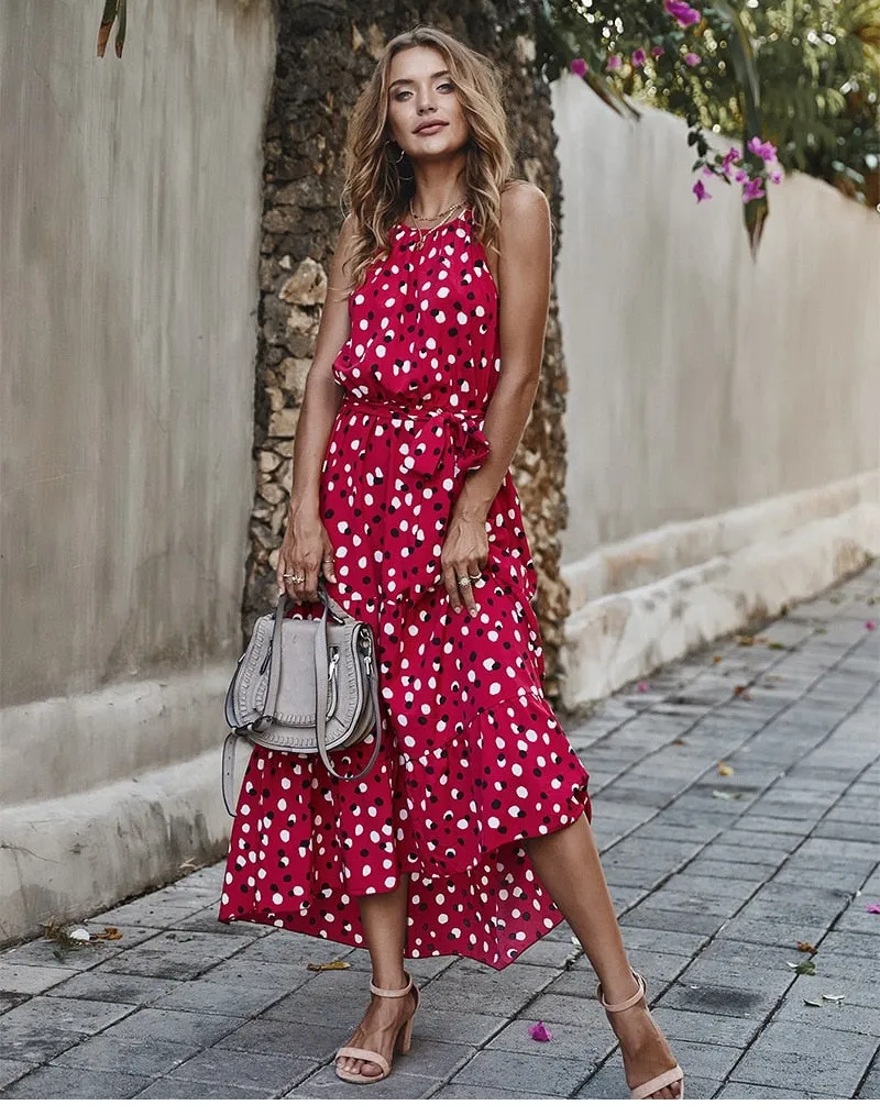 Boho Midi Dress, Strappy Sundress, Polka Dot in Red