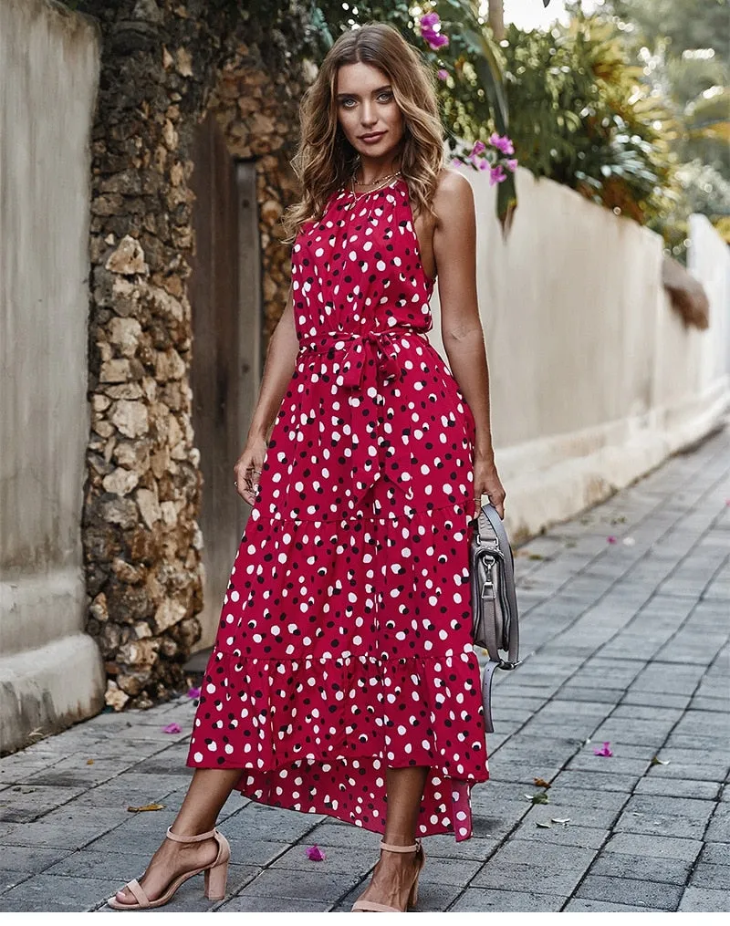 Boho Midi Dress, Strappy Sundress, Polka Dot in Red