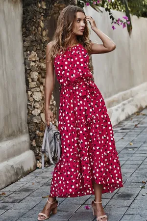 Boho Midi Dress, Strappy Sundress, Polka Dot in Red