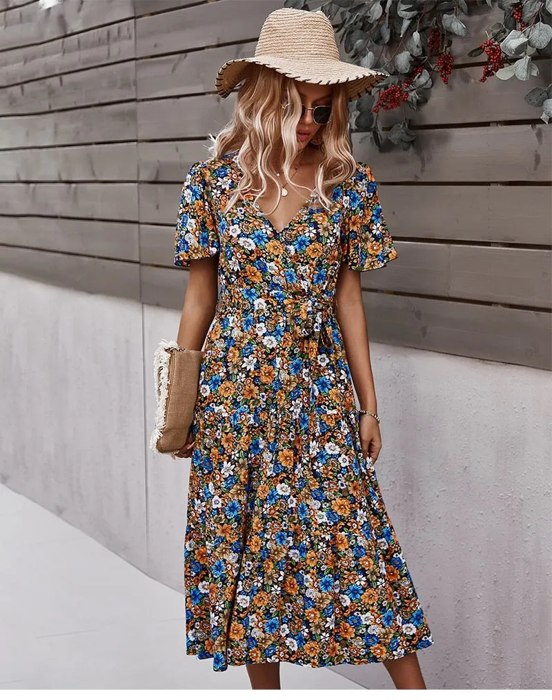Boho Midi Dress, Sundress, Be a Wildflower in Navy Blue