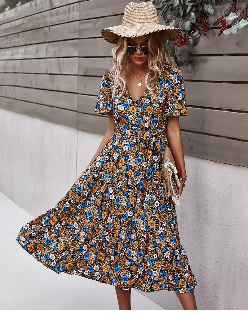 Boho Midi Dress, Sundress, Be a Wildflower in Navy Blue