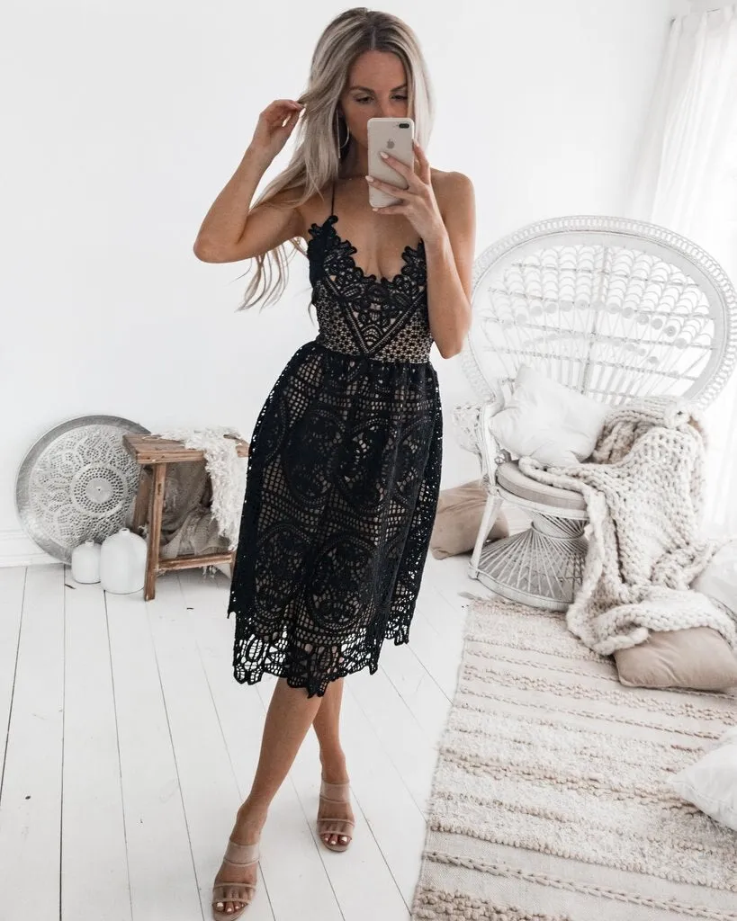 Boho Midi Dress, Sundress, Strapy Lace Chloe  in White, and Black