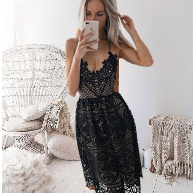 Boho Midi Dress, Sundress, Strapy Lace Chloe  in White, and Black