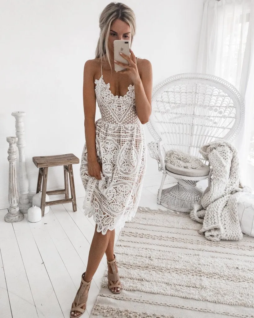 Boho Midi Dress, Sundress, Strapy Lace Chloe  in White, and Black