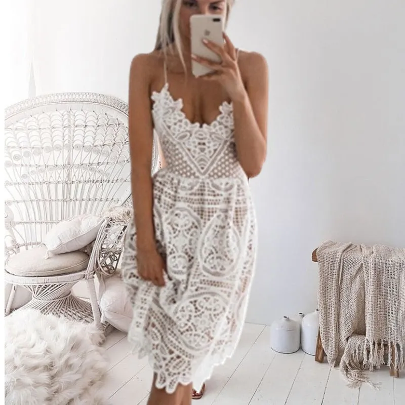 Boho Midi Dress, Sundress, Strapy Lace Chloe  in White, and Black