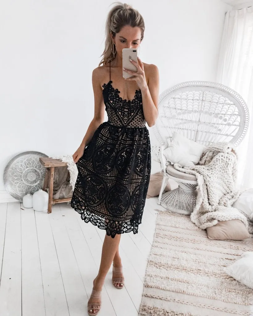Boho Midi Dress, Sundress, Strapy Lace Chloe  in White, and Black