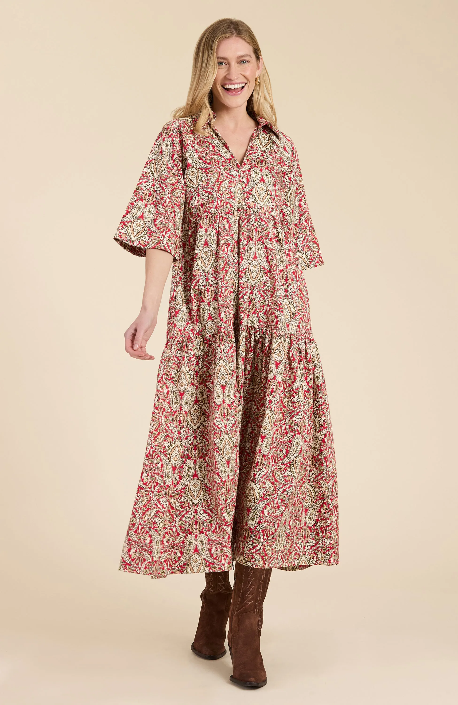 Cara Red Paisley Midi Dress - Red Paisley