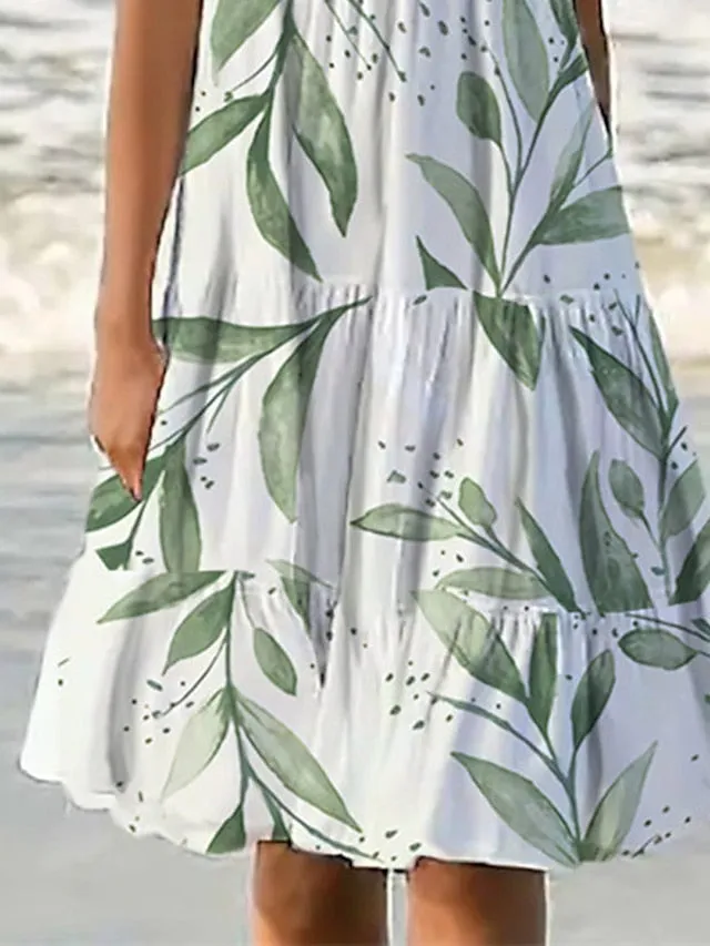 Casual Dress Shift Dress Sundress Midi Dress White Green Sleeveless Print Pocket Spring Summer U Neck Vacation  S M L XL XXL 3XL for Women