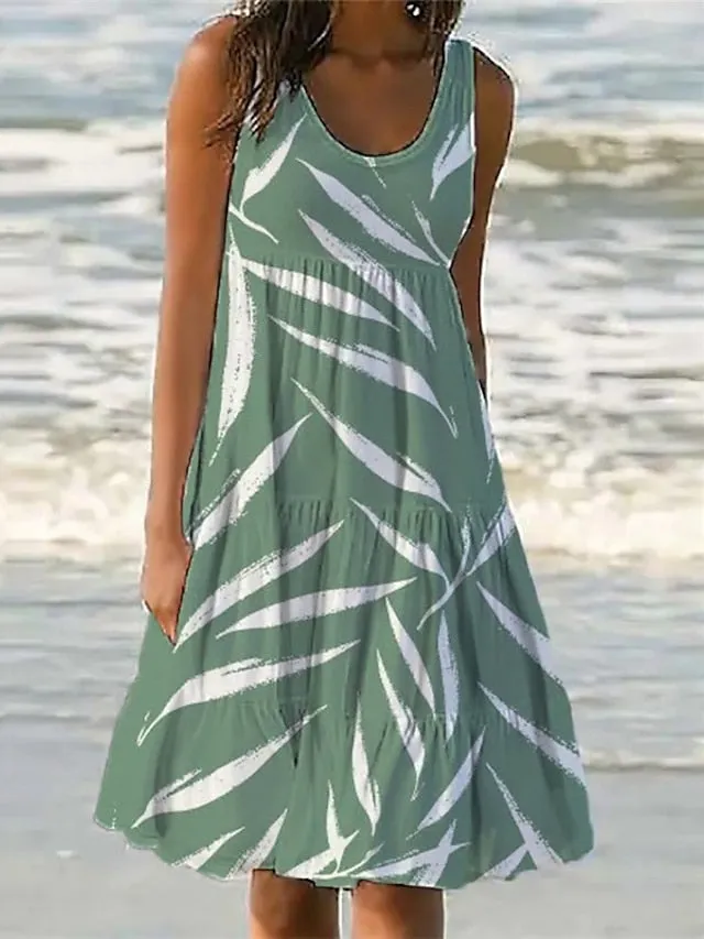 Casual Dress Shift Dress Sundress Midi Dress White Green Sleeveless Print Pocket Spring Summer U Neck Vacation  S M L XL XXL 3XL for Women