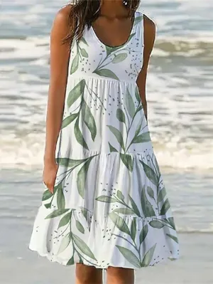 Casual Dress Shift Dress Sundress Midi Dress White Green Sleeveless Print Pocket Spring Summer U Neck Vacation  S M L XL XXL 3XL for Women