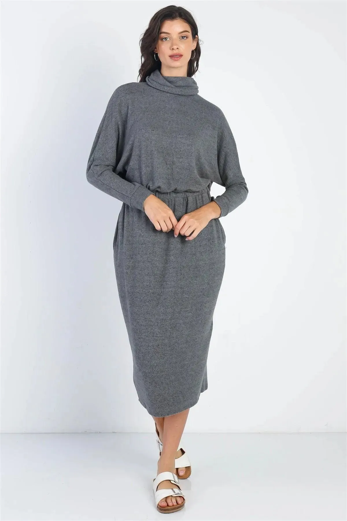 Charcoal Turtle Neck Long Sleeve Soft Midi Dress