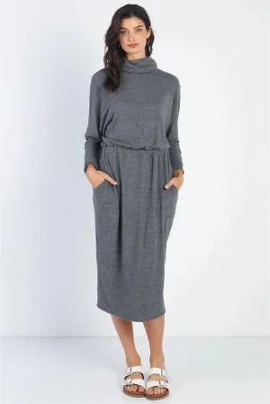 Charcoal Turtle Neck Long Sleeve Soft Midi Dress