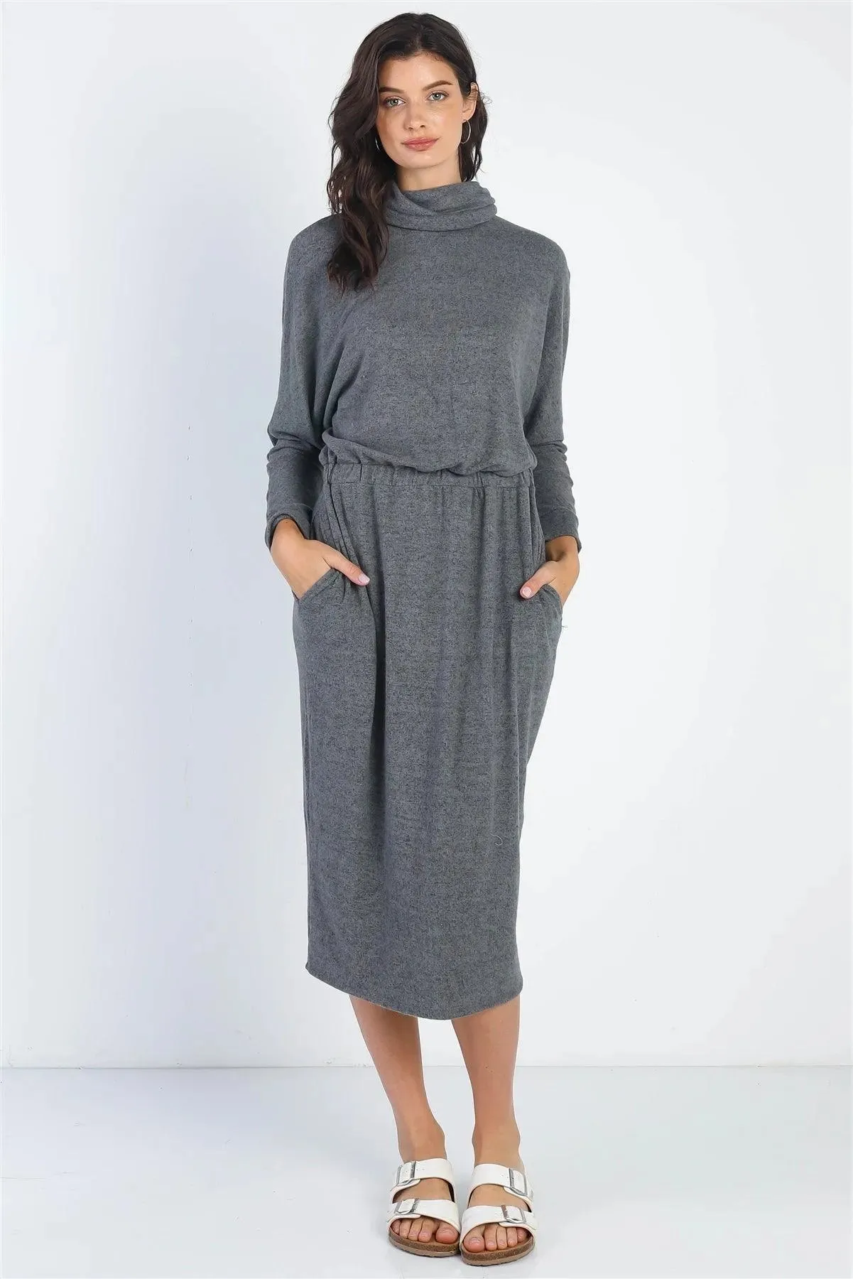 Charcoal Turtle Neck Long Sleeve Soft Midi Dress