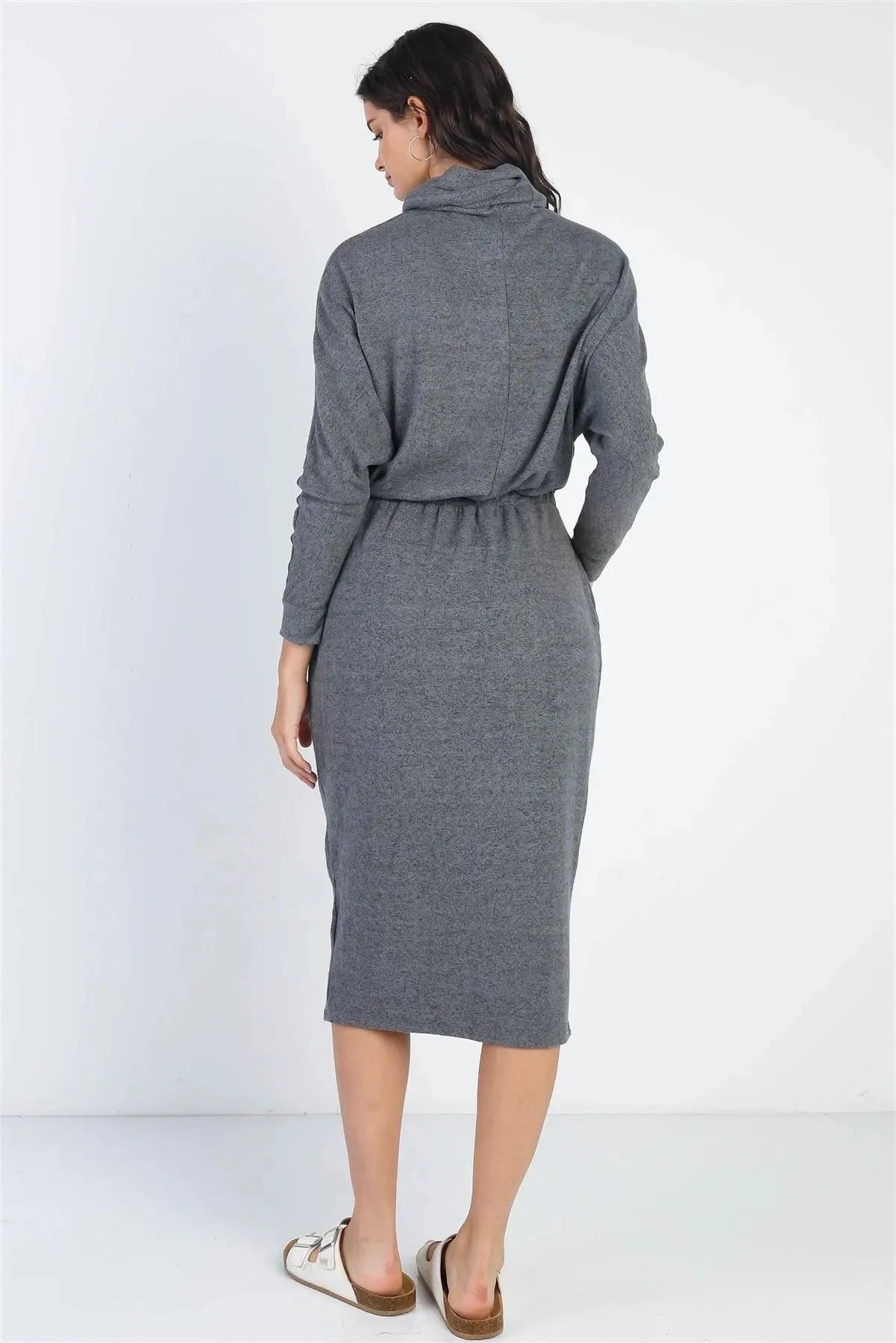 Charcoal Turtle Neck Long Sleeve Soft Midi Dress