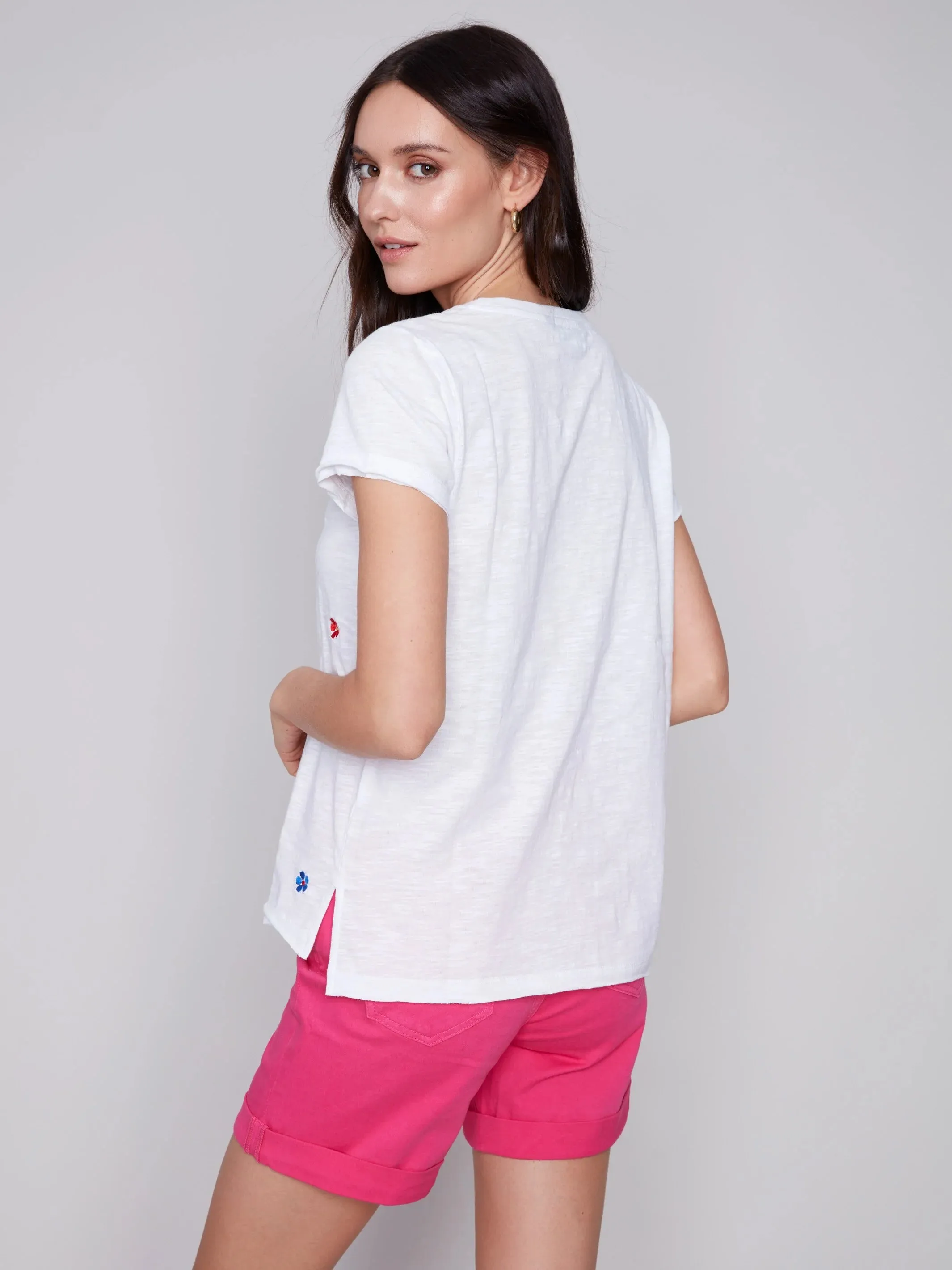 Charlie B Floral Embroidered Cotton Slub Tee