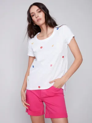 Charlie B Floral Embroidered Cotton Slub Tee