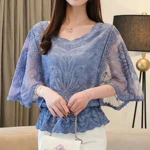Chiffon Cotton Edge Lace Butterfly Flower Blouse