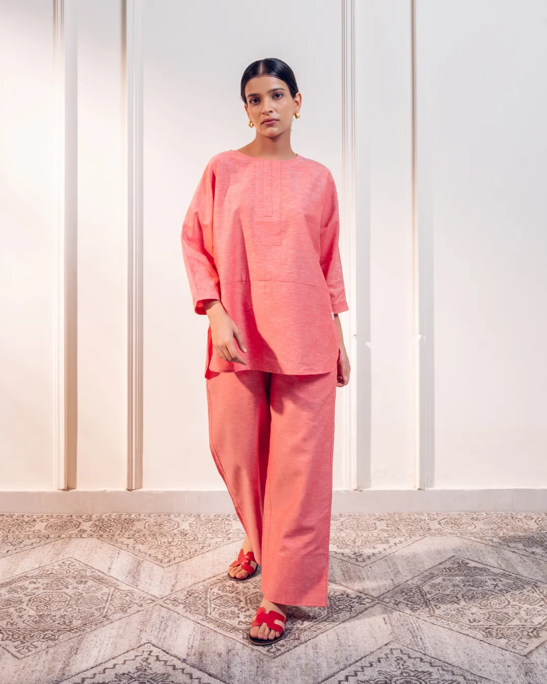 Coral Cotton Linen Coord Set