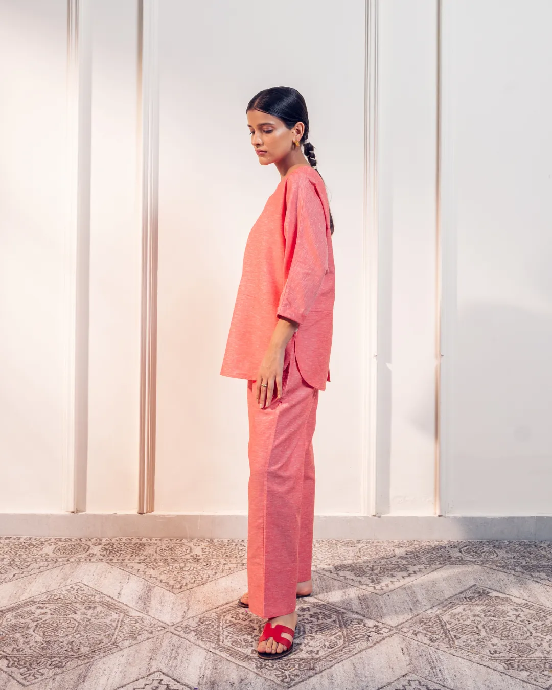 Coral Cotton Linen Coord Set